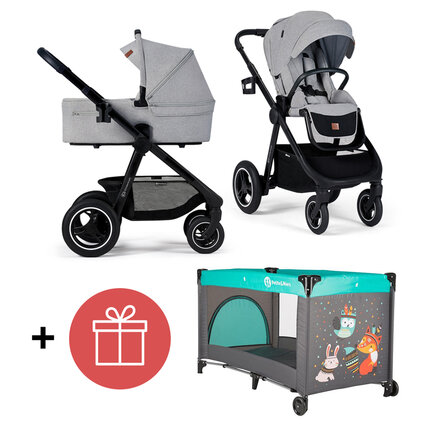 KINDERKRAFT Kočík Everyday 2v1 Light Grey + PETITE&MARS Postieľka cestovná Koot - Fox Aqua